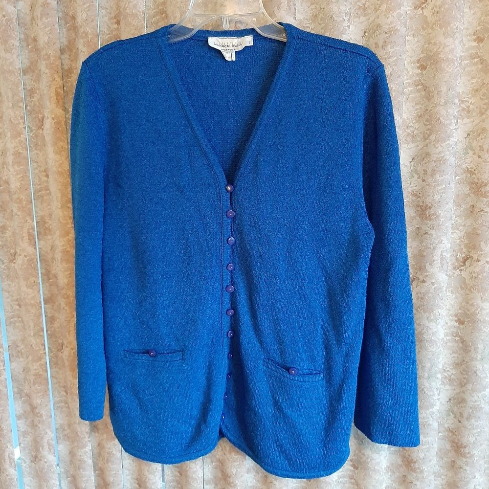 Heavyweight 3/4 sleeve blue rayon v neck cardigan size M